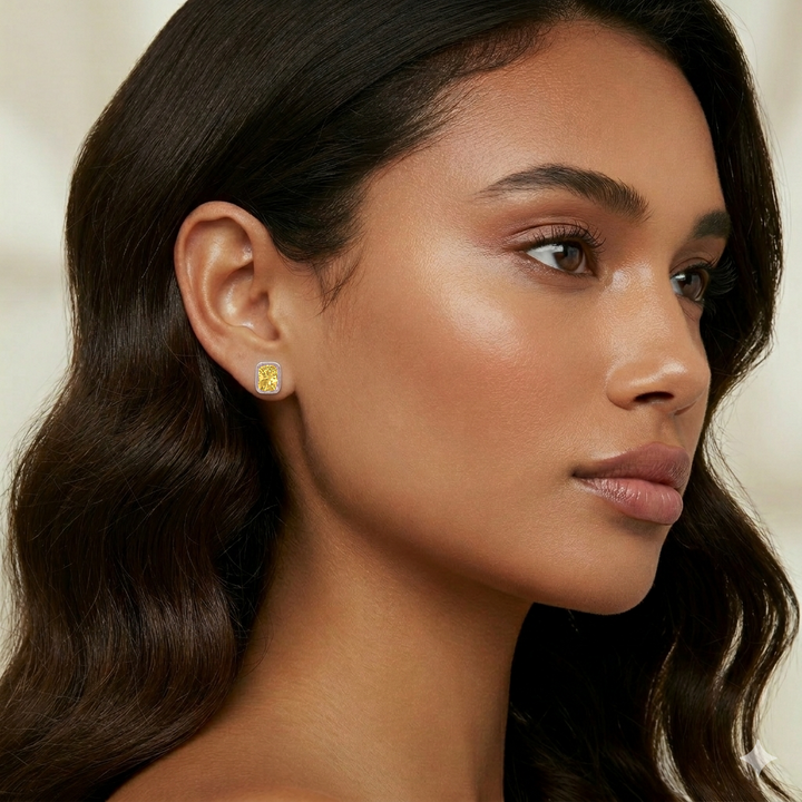 Bezel Set Fancy Yellow Radiant Cut Lab Grown Diamond Studs WG lifestyle