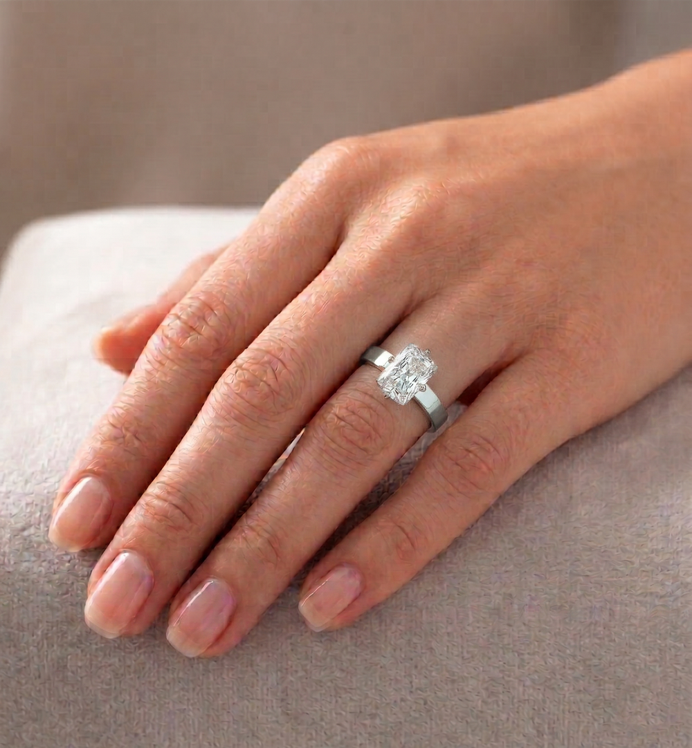 Radiant Cut Compass Prong Lab Grown Diamond Engagement Ring lifestyle WG