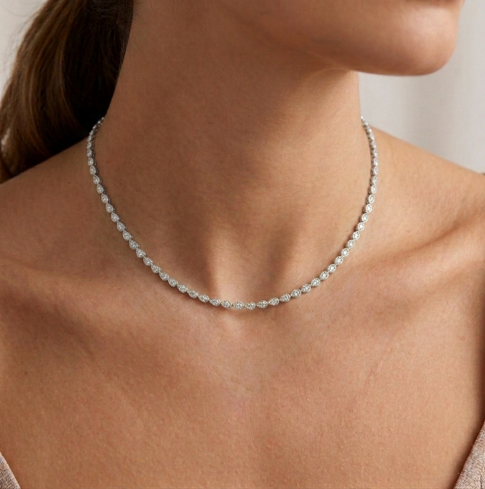 Bezel Set East-West Pear Shape Lab Grown Diamond Tennis Necklace White Gold