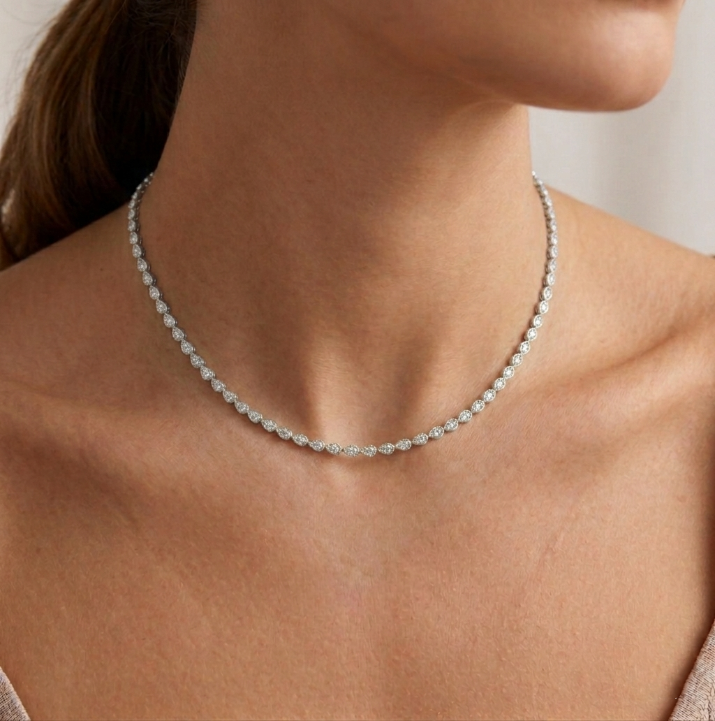 Bezel Set East-West Pear Shape Lab Grown Diamond Tennis Necklace White Gold