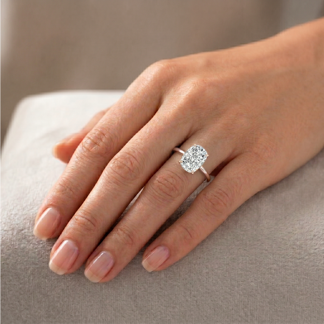 Cushion Cut Thin Band Solitaire Lab Grown Diamond Ring lifestyle WG