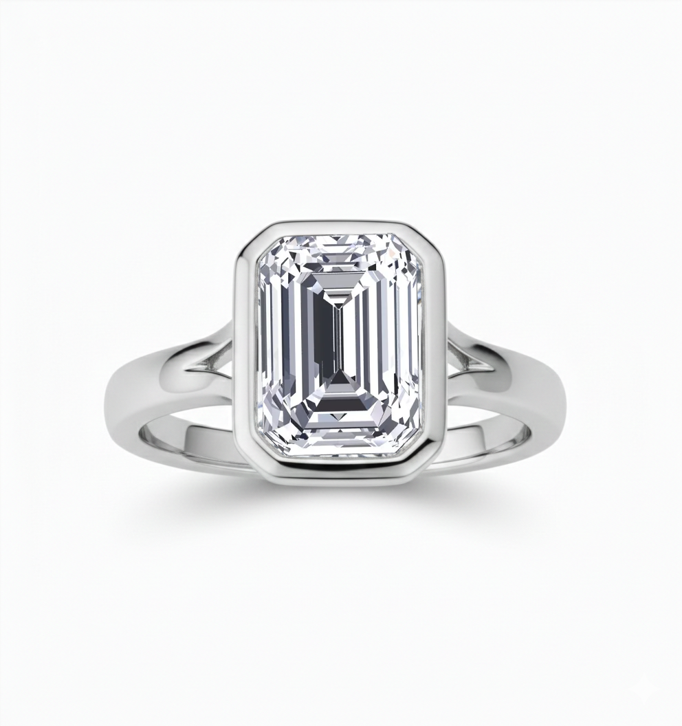 WG Split Shank Emerald Cut in Bezel Set Lab Grown Ring front view