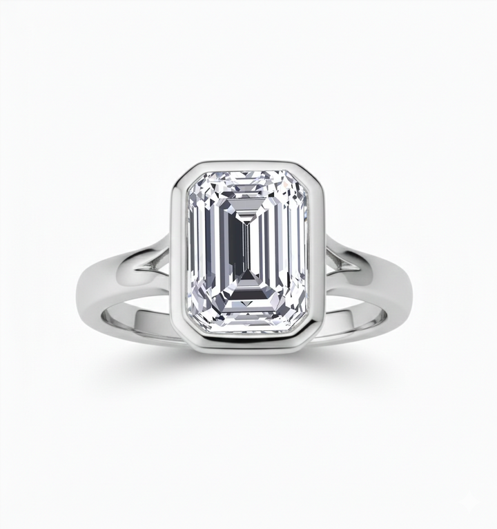 WG Split Shank Emerald Cut in Bezel Set Lab Grown Ring front view