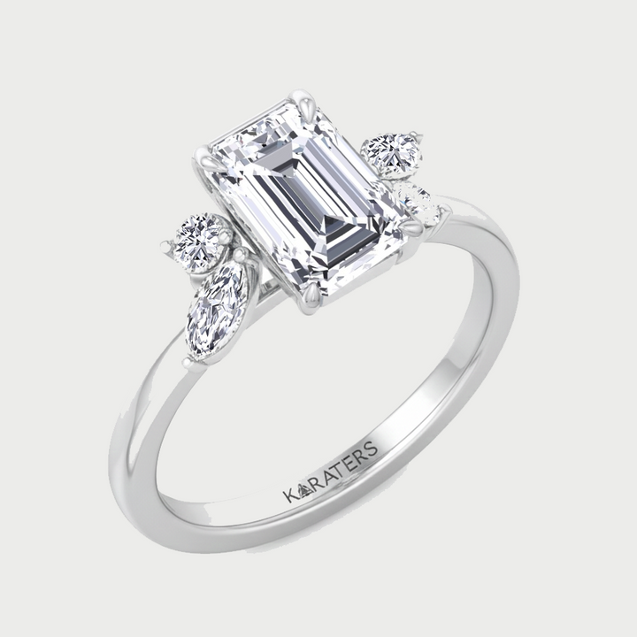 WG Emerald Lab Grown Diamond with Round & Marquise Side Stone side view