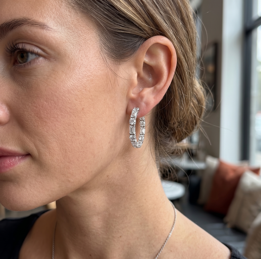 Emerald Cut and Round Alternating Natural Diamond Hoop Earrings WG lifestyle
