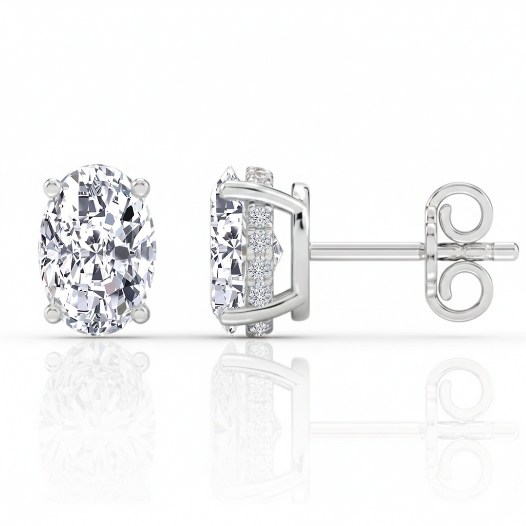 WG Oval Cut Lab Grown Diamond Studs with Invisible Halo Side and Front view 2
