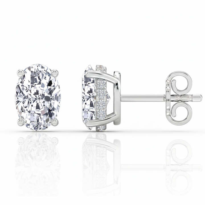 WG Oval Cut Lab Grown Diamond Studs with Invisible Halo Side and Front view 2