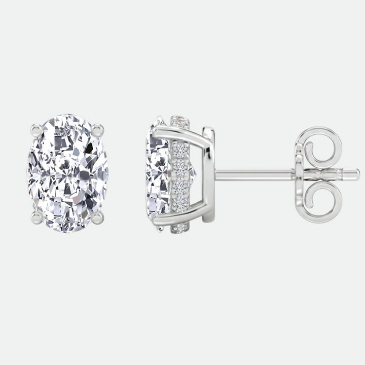 Oval Cut Lab Grown Diamond Studs with Invisible Halo Side and Front view