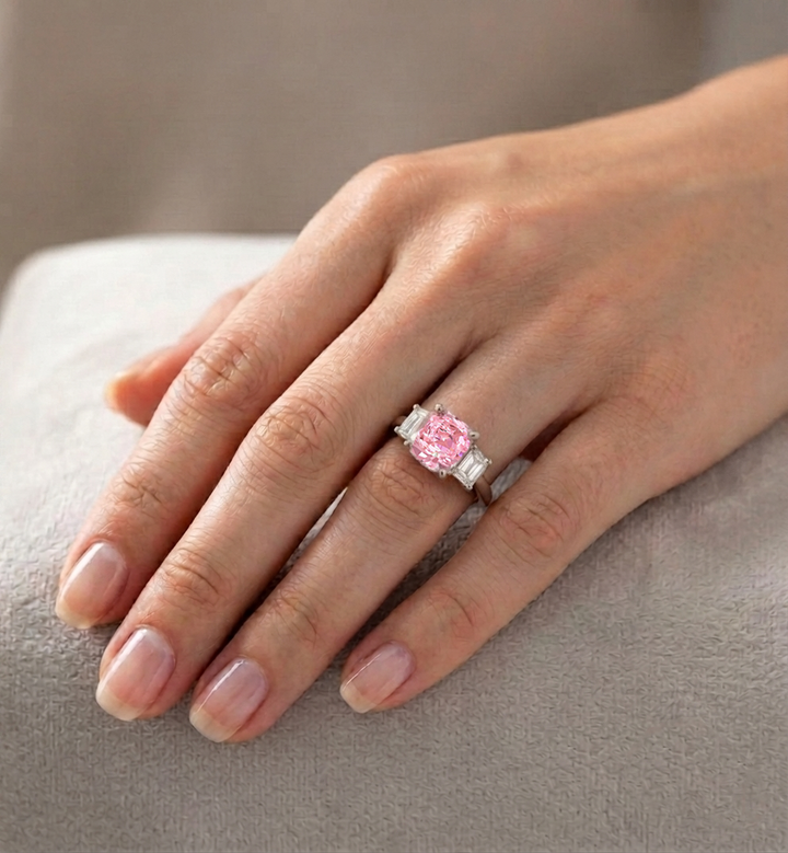 Fancy Pink Cushion Cut Lab Grown Diamond Engagement Ring with Trapezoid Sidestones