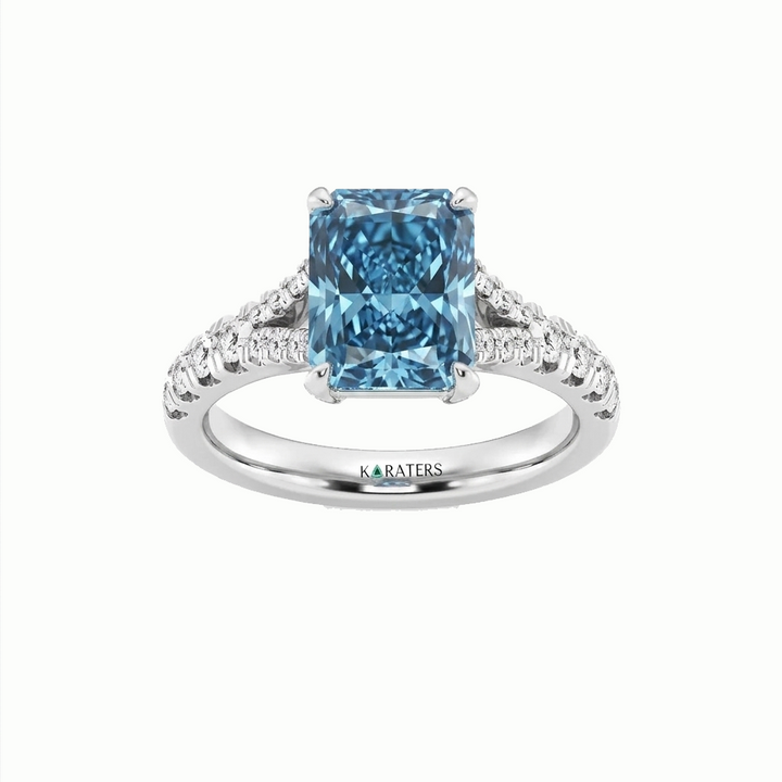 Fancy Blue Radiant Cut Lab Grown Diamond Split Shank Engagement Ring White Gold 18K