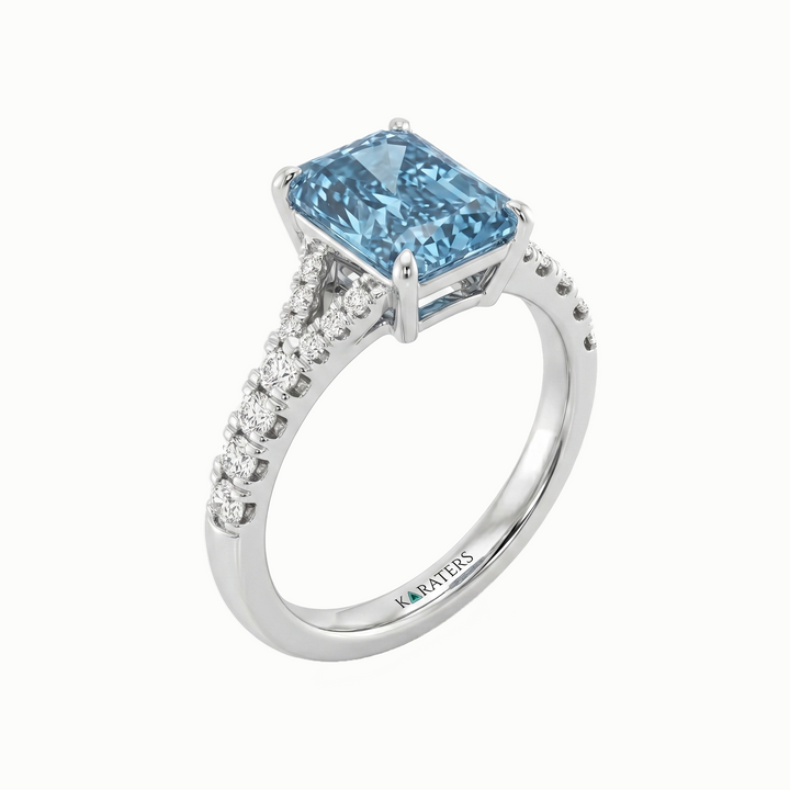 Fancy Blue Radiant Cut Lab Grown Diamond Split Shank Engagement Ring White Gold 14K