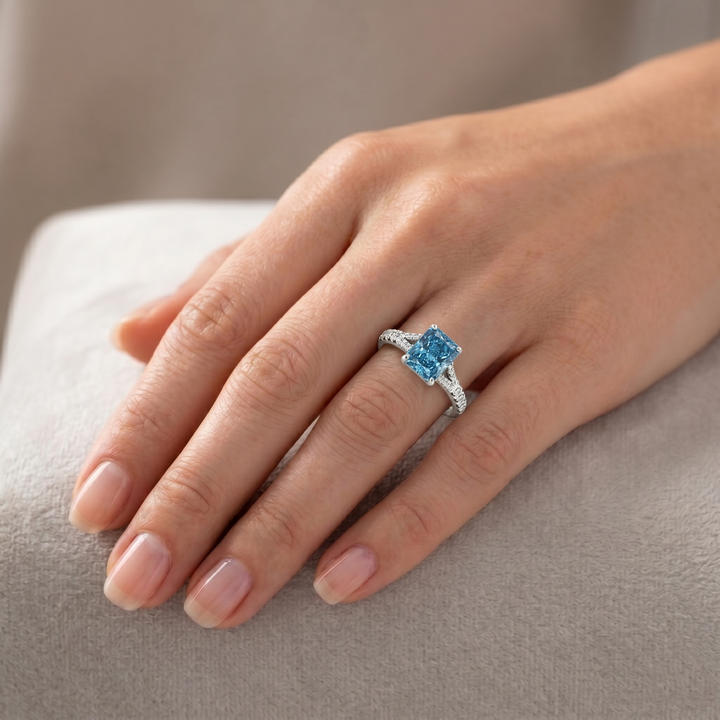 Fancy Blue Radiant Cut Lab Grown Diamond Split Shank Engagement Ring White Gold