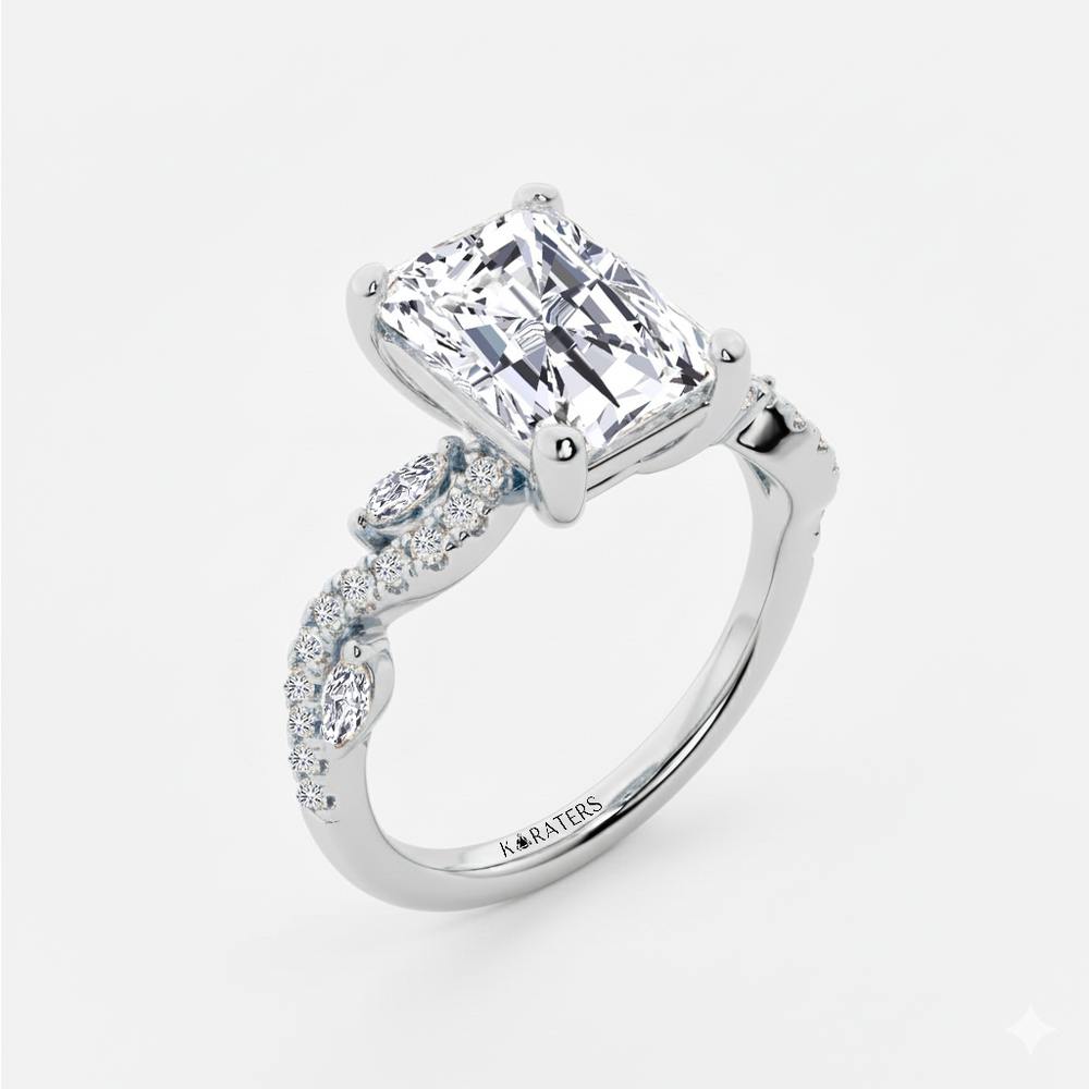WG Radiant Cut Lab Grown Diamond with Marquise Ring side view