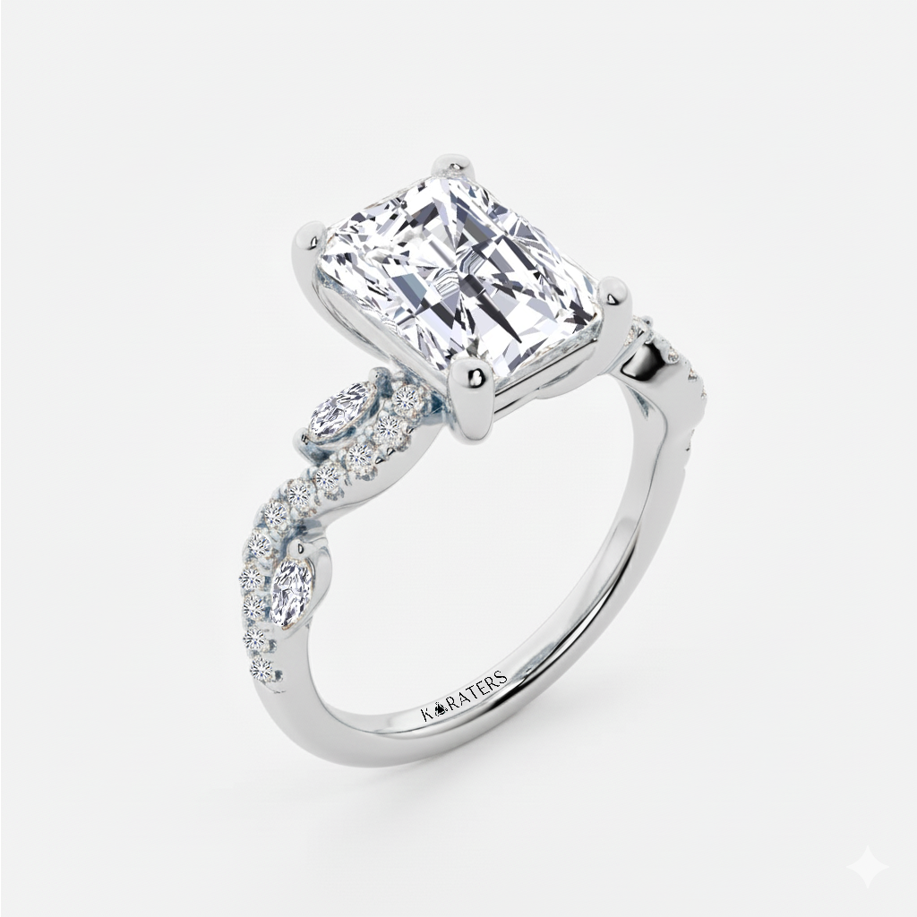 WG Radiant Cut Lab Grown Diamond with Marquise Ring side view