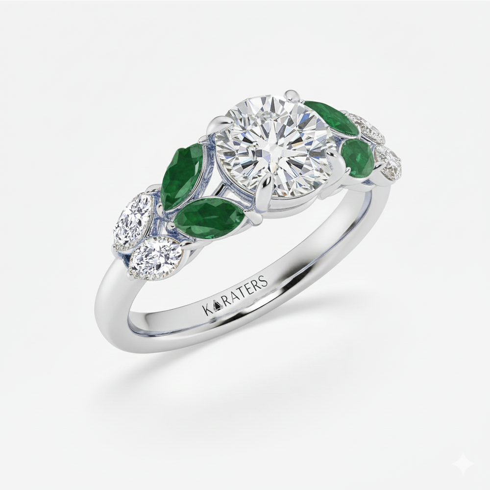 WG Round Lab Grown Diamond with Marquise Green Emerald Side Stone Ring side view