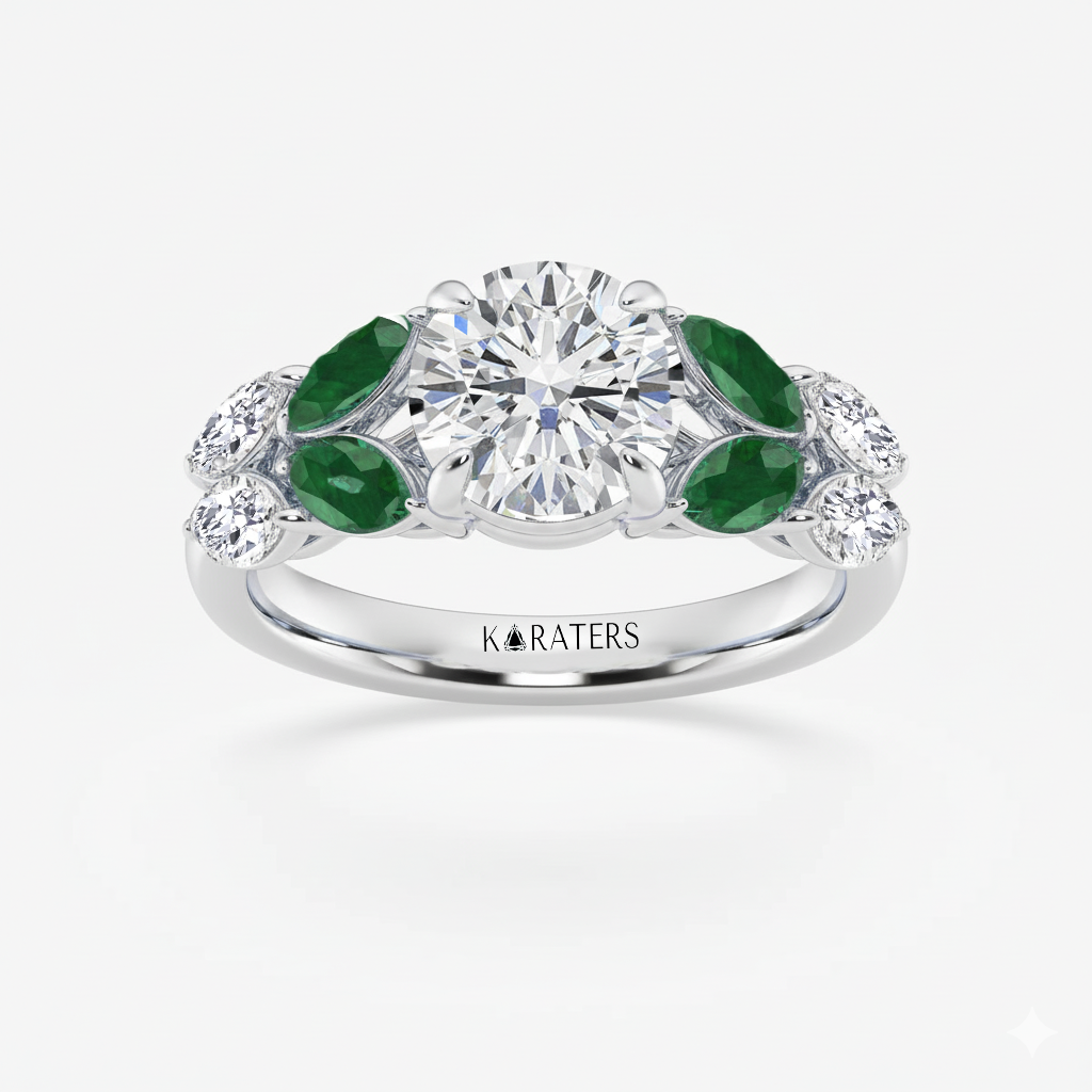 WG Round Lab Grown Diamond with Marquise Green Emerald Side Stone Ring Top view