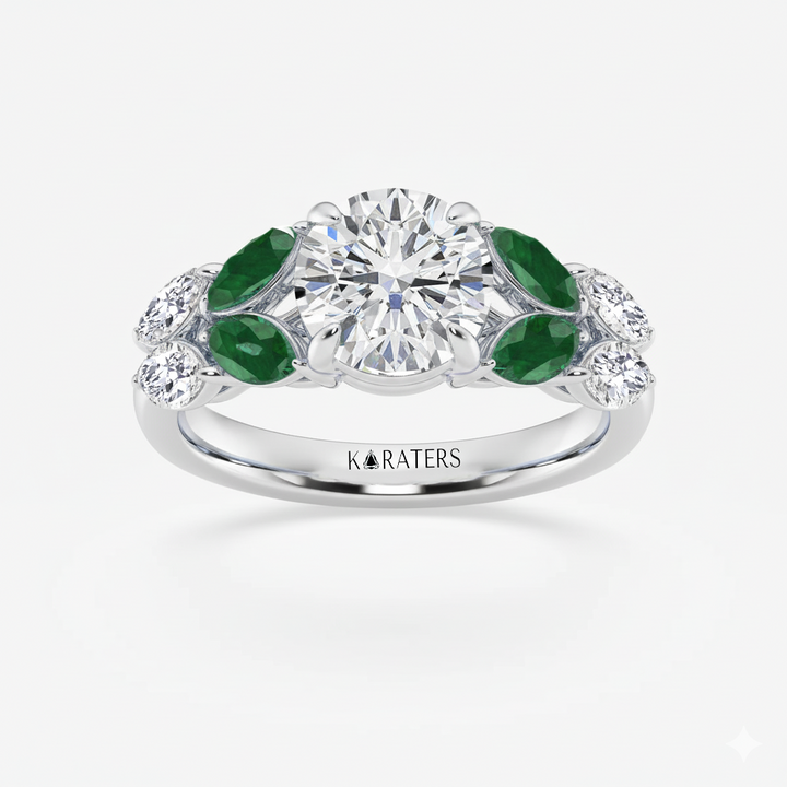 WG Round Lab Grown Diamond with Marquise Green Emerald Side Stone Ring Top view