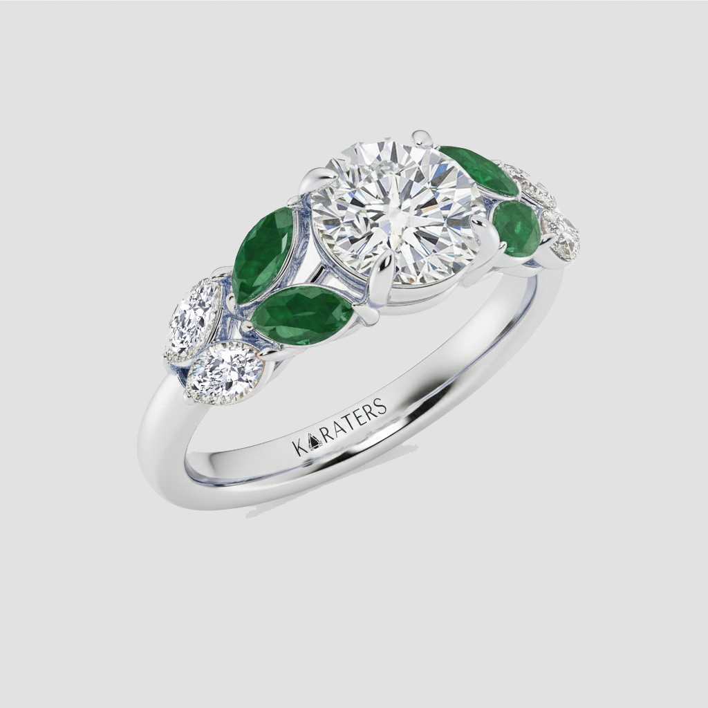 WG Round Lab Grown Diamond with Marquise Green Emerald Side Stone Ring side view2