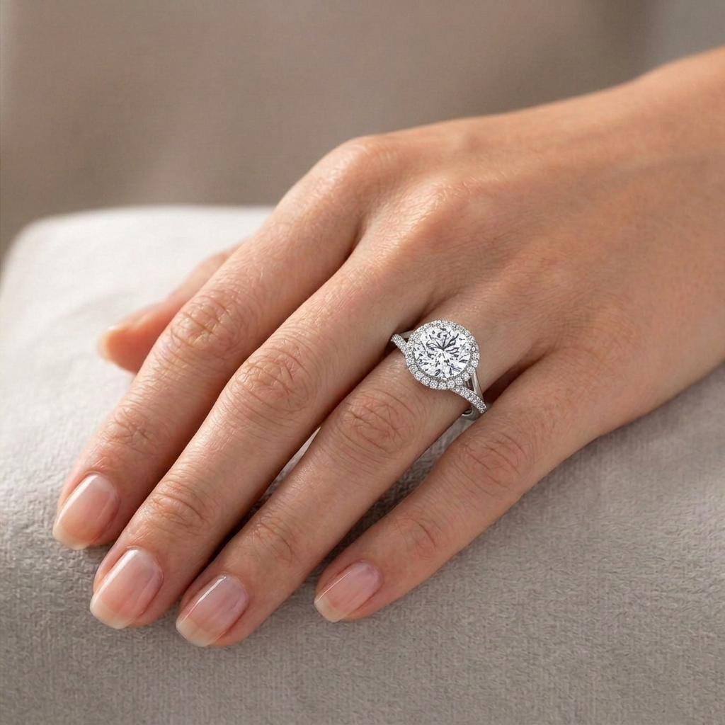 Round Cut Halo Lab Grown Diamond Engagement Ring With Twist Band