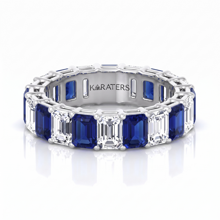 Alternating Emerald Shape Lab Grown Blue Sapphire and Diamonds Eternity Band White Gold 14K