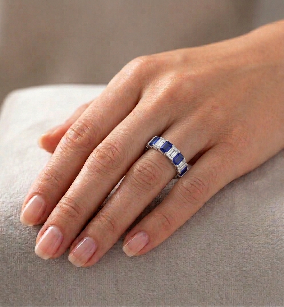 Alternating Emerald Shape Lab Grown Blue Sapphire and Diamonds Eternity Band White Gold