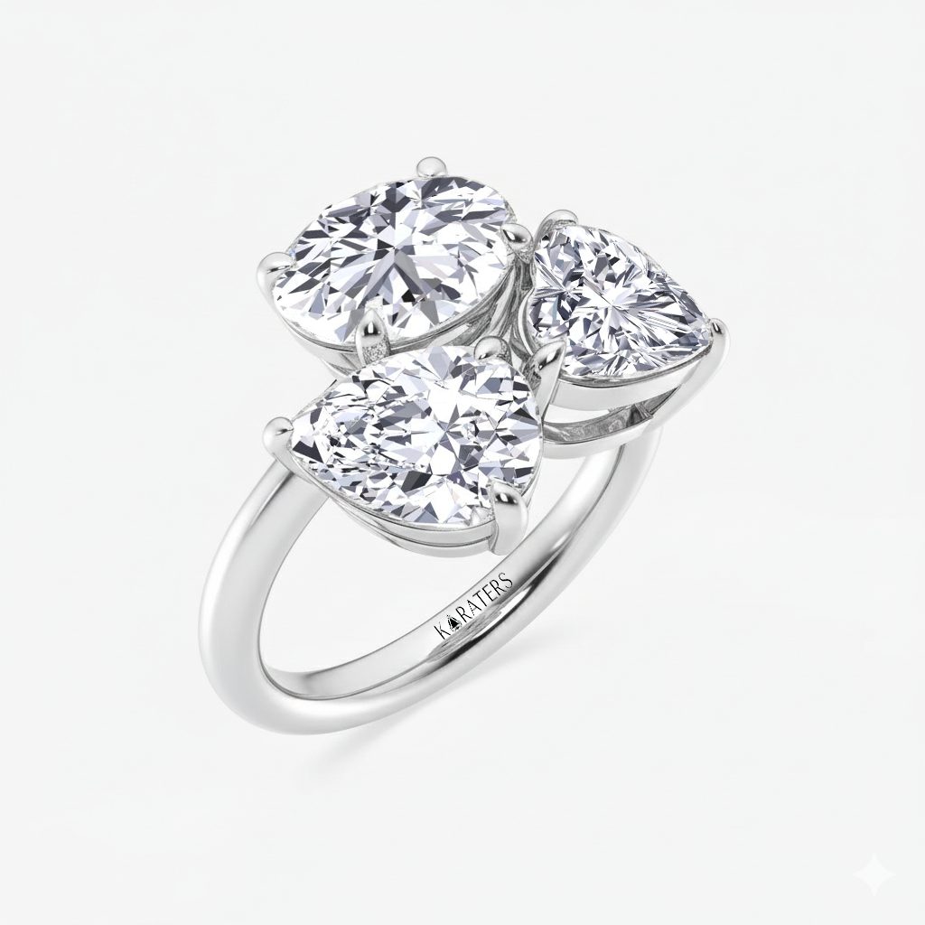 WG Three Stone Round, Pear & Heart Lab Grown Diamond side view1