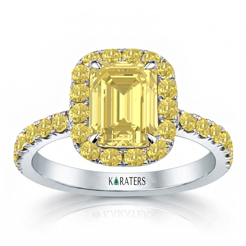 Fancy Yellow Emerald Cut Lab Grown Diamond Halo Pave Ring WG 3