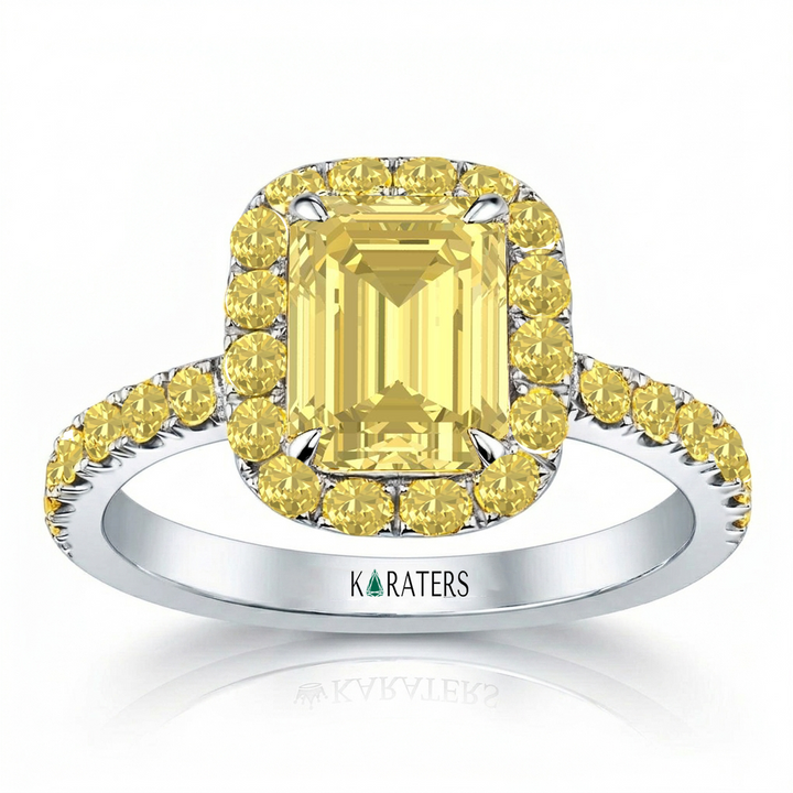 Fancy Yellow Emerald Cut Lab Grown Diamond Halo Pave Ring WG 3