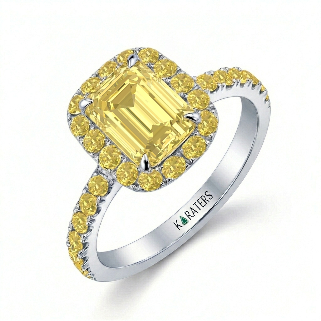 Fancy Yellow Emerald Cut Lab Grown Diamond Halo Pave Ring WG 2