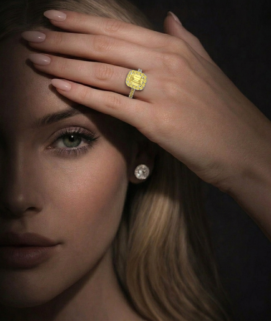 Fancy Yellow Emerald Cut Lab Grown Diamond Halo Pave Ring lifestyle