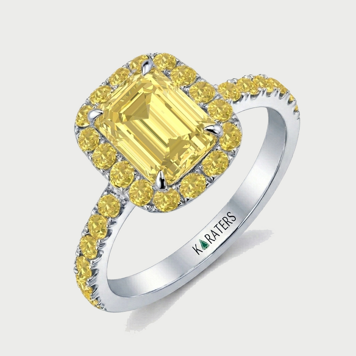 Fancy Yellow Emerald Cut Lab Grown Diamond Halo Pave Ring WG