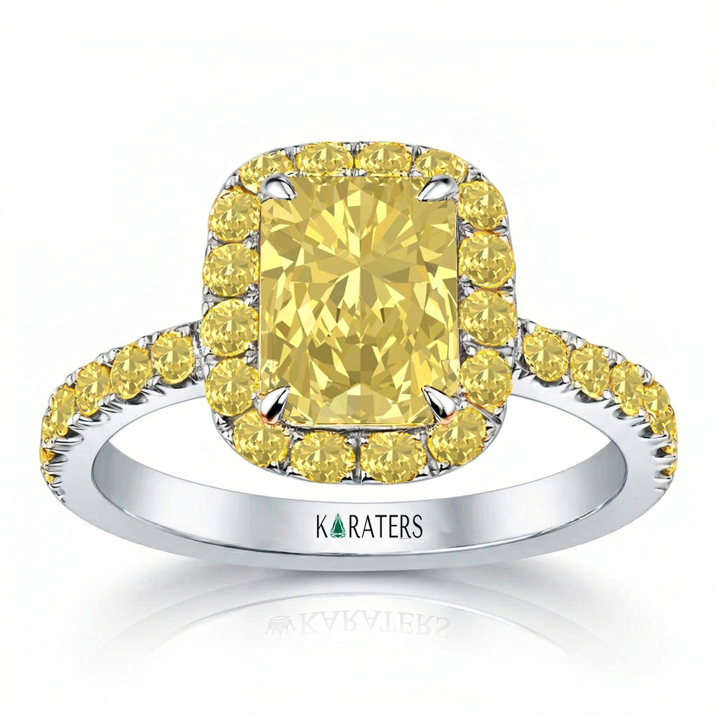 Fancy Yellow Radiant Cut Lab Grown Diamond Halo Pave Ring WG 3