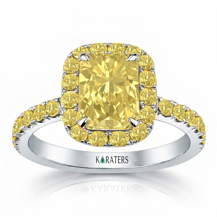 Fancy Yellow Radiant Cut Lab Grown Diamond Halo Pave Ring WG 3