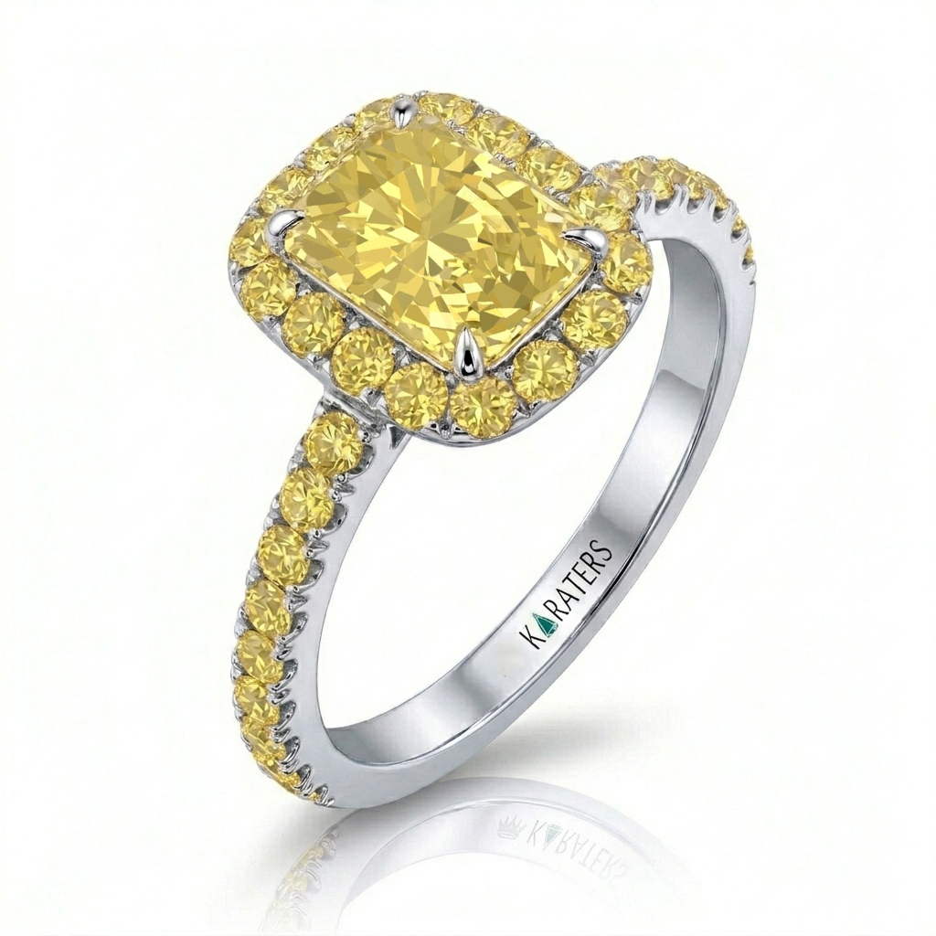 Fancy Yellow Radiant Cut Lab Grown Diamond Halo Pave Ring WG 2