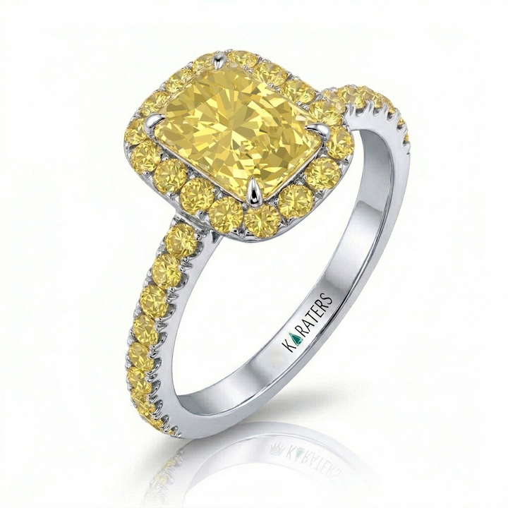 Fancy Yellow Radiant Cut Lab Grown Diamond Halo Pave Ring WG 2