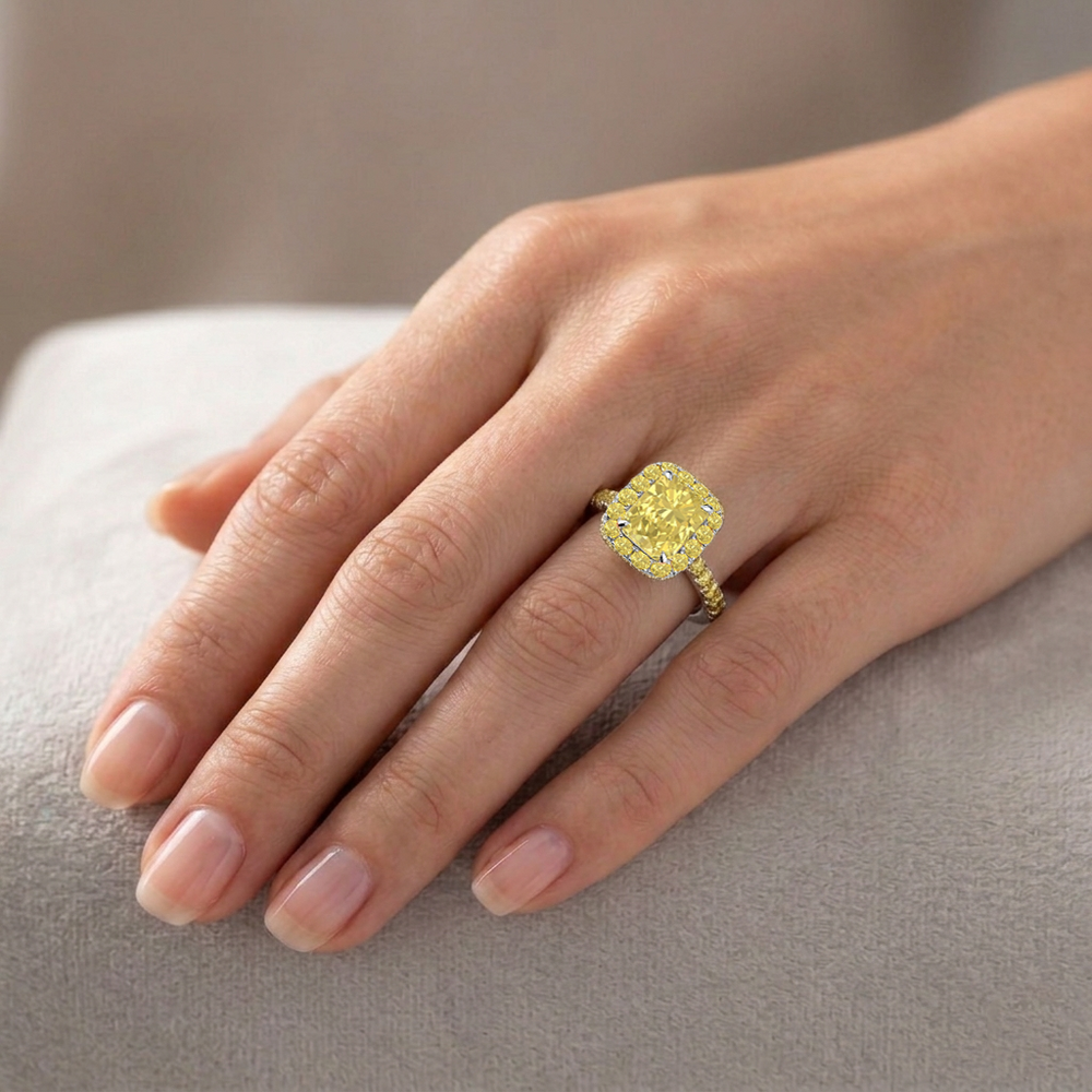 Fancy Yellow Radiant Cut Lab Grown Diamond Halo Pave Ring WG lifestyle