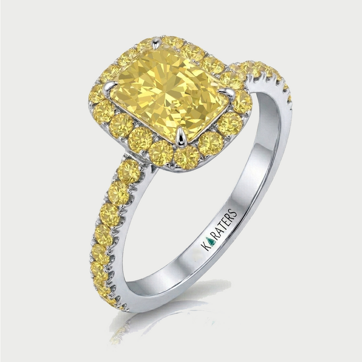 Fancy Yellow Radiant Cut Lab Grown Diamond Halo Pave Ring WG