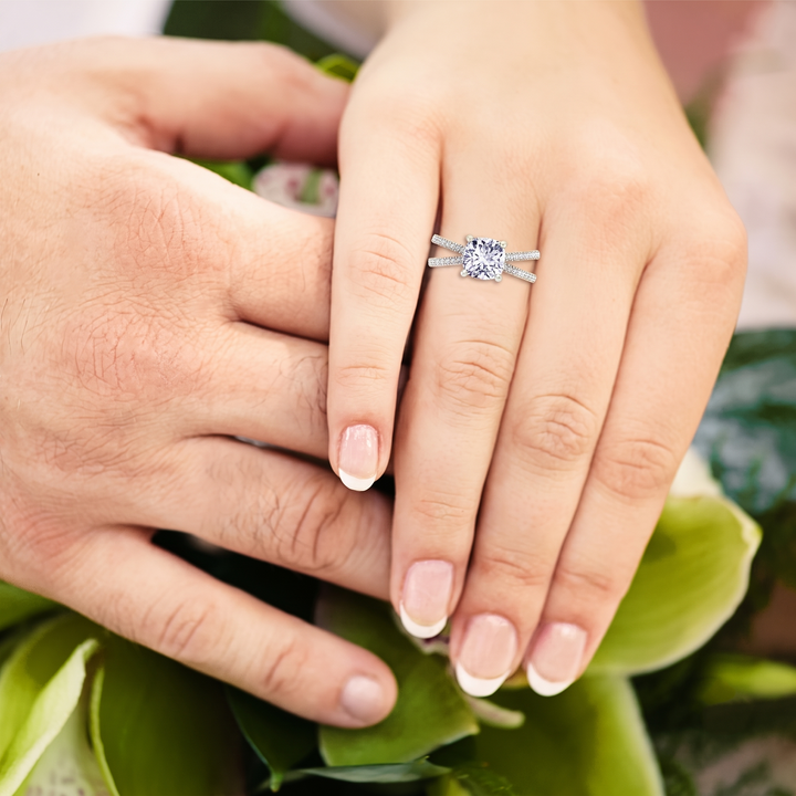 Cushion Cut Lab Grown Diamond Engagement Ring with Double BAND SideStones