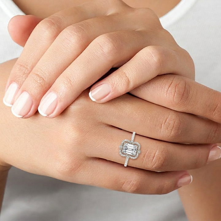 Vintage Style Emerald Cut Lab Grown Diamond Engagement Ring with Pave Band