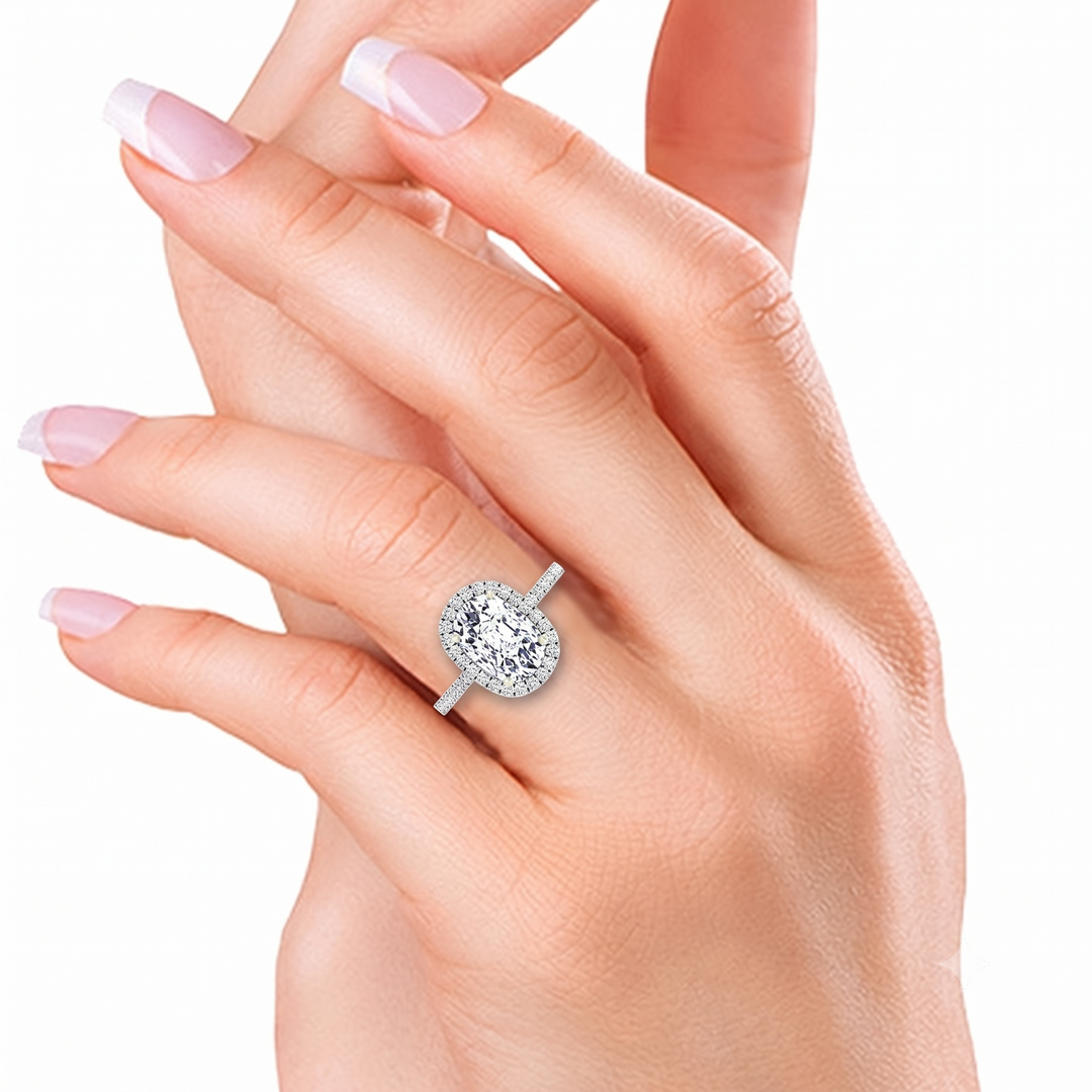 Elongated Cushion Cut Halo Lab Grown Diamond Engagement Ring with Side Stones