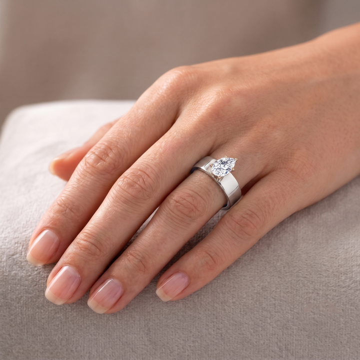 Pear Shaped Lab Grown Diamond Engagement Ring with Wide Band