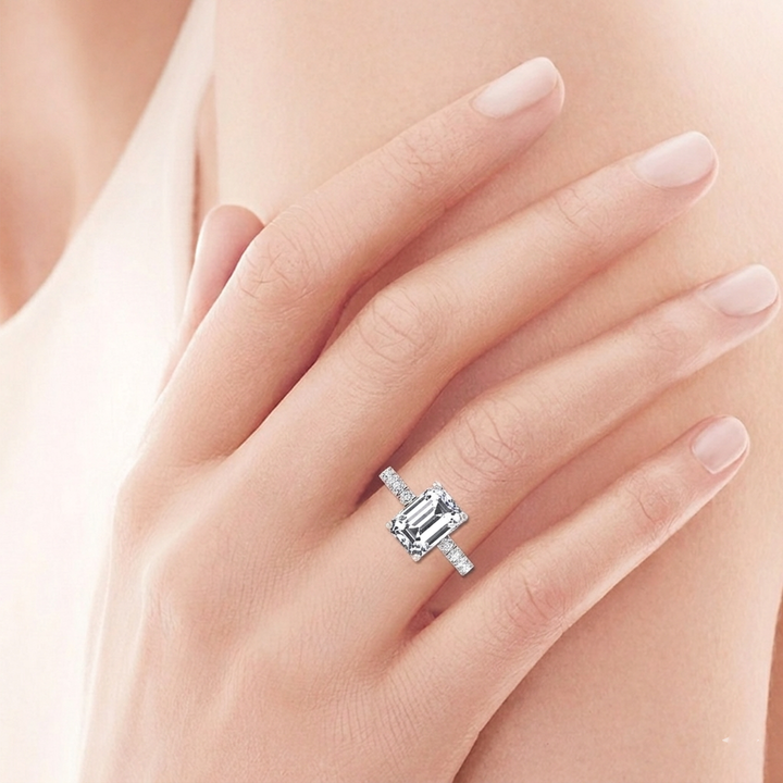 Emerald Cut Lab Grown Diamond Engagement Ring With Sidestones