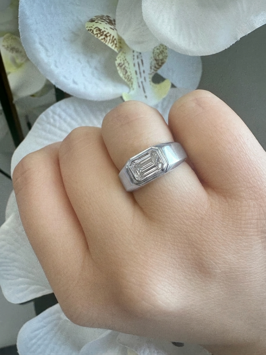 Bezel Set Unisex East To West Emerald Cut Lab - Grown Diamond Engagement Ring