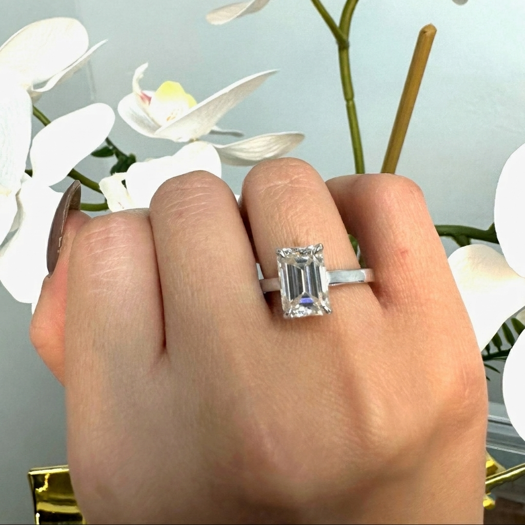 Emerald Cut Solitaire Lab Grown Diamond Engagement Ring Cathedral Style