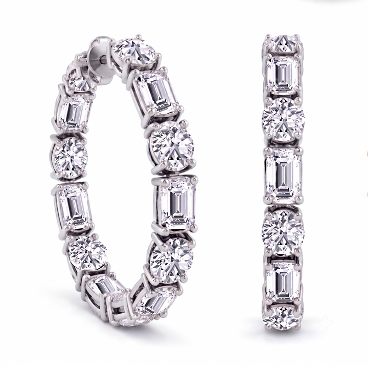 Emerald Cut and Round Alternating Natural Diamond Hoop Earrings WG 