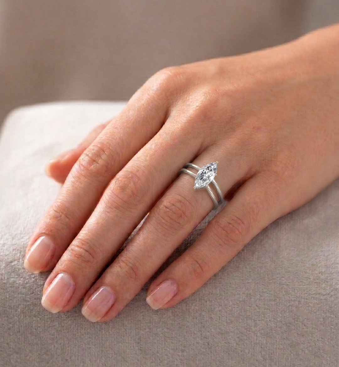 Marquise Cut Lab Grown Diamond with Double Band Solitaire Engagement Ring