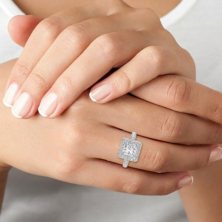 Princess Shape Lab Grown Diamond Halo Engagement Ring with a Semi Pave Band