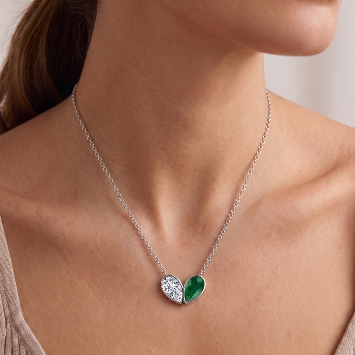 Pear Shape Green Emerald and Lab Grown Diamond Pendant Necklace