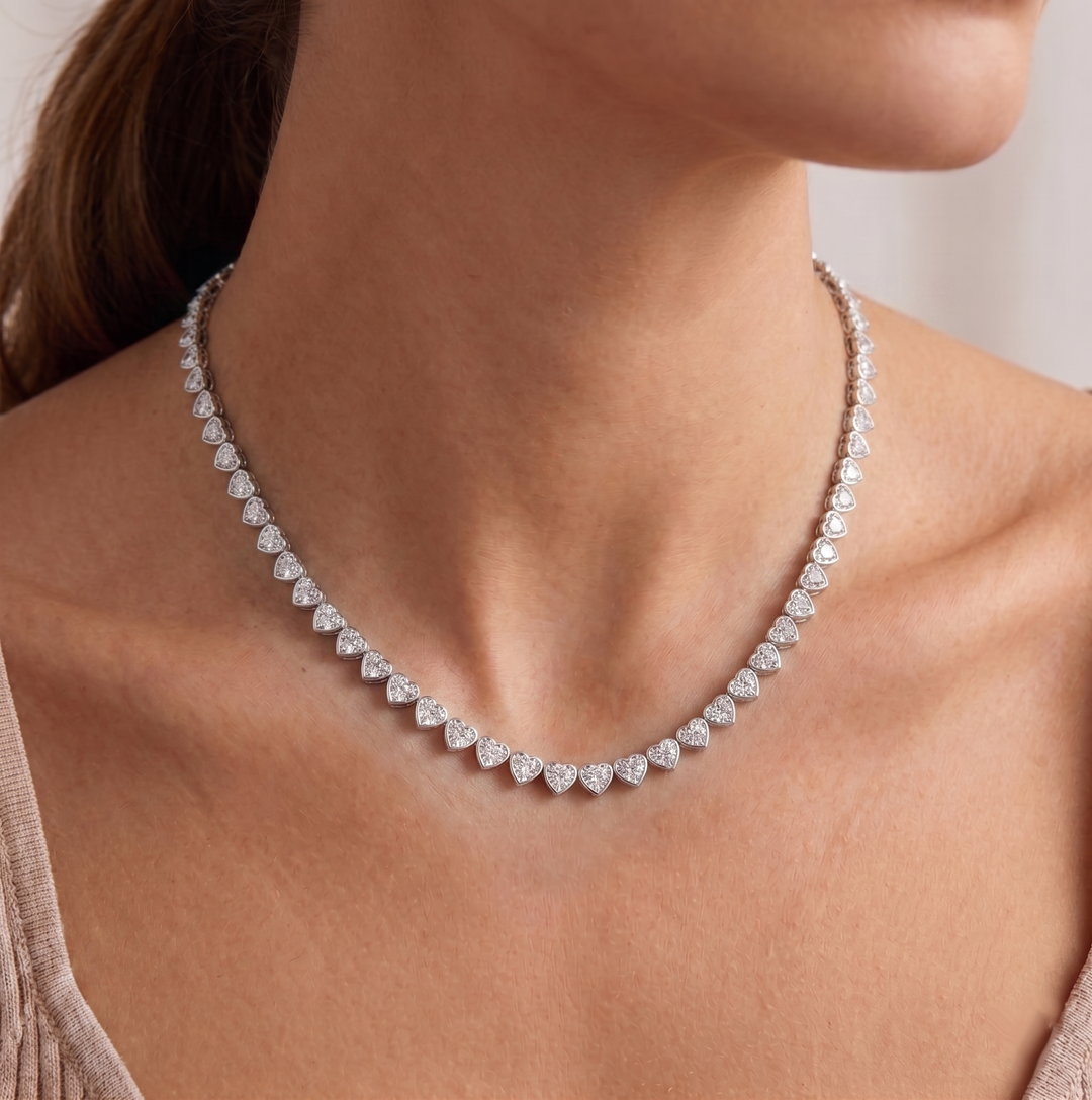 Heart Shape Bezel Set Lab Grown Diamond Tennis Necklace 18K Solid Gold