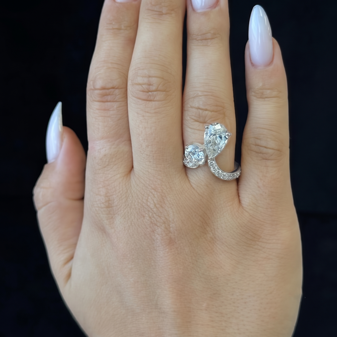 Toi et Moi Round and Pear Lab Grown Diamond Bypass Engagement Ring with Pave Band